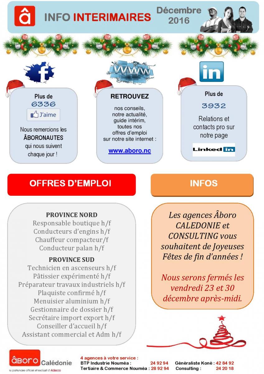 INFOS INTERIMAIRES - DECEMBRE 2016  Âboro Nouvelle-Calédonie