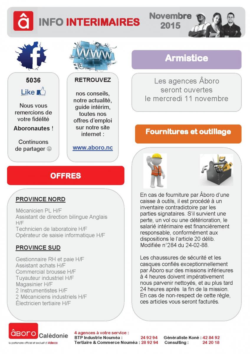 INFOS INTERIMAIRES - NOVEMBRE 2015  Âboro Nouvelle-Calédonie